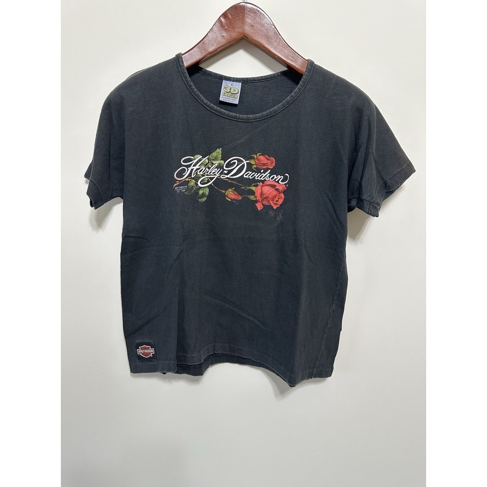Vintage Harley Davidson 3D Emblem Rose Shirt Baby Tee Sturgis 1991 Black USA M